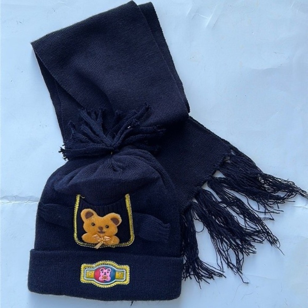 Blue Beanie Hat fringe and Scarf Set yellow embroidered pocket with Bear size OS